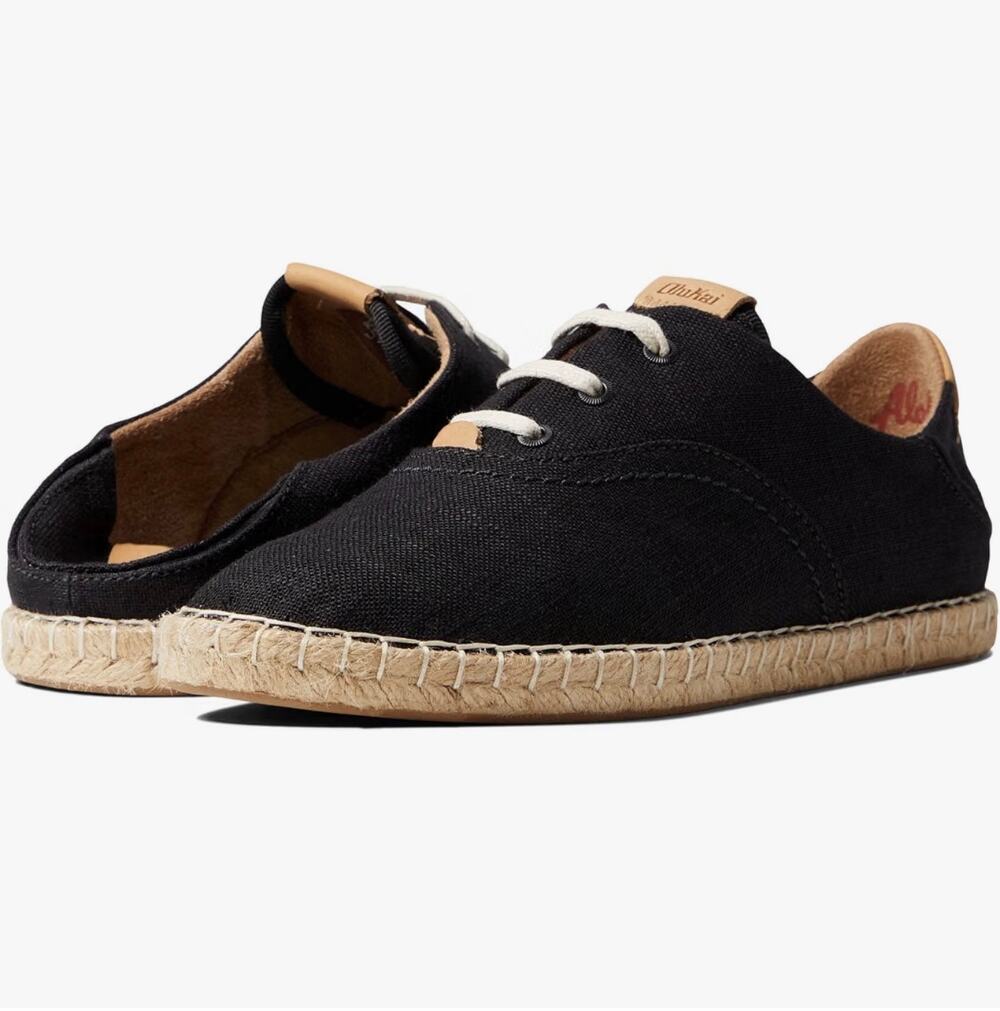 Olukai Kaula Pa‘a Lī Black Linen Lace-Up Espadrille Sneakers